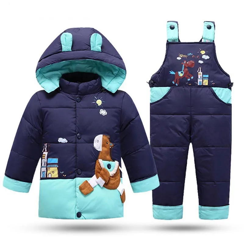 Комплекты зимней одежды для детей зимний костюм, куртка+ комбинезон, комплект из 2 предметов, пуховое пальто для маленьких мальчиков и девочек зимняя одежда для маленьких девочек - Цвет: Pony navy blue