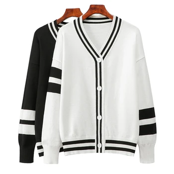 

New Autumn Winter 2019 Female Knit Cardigan Sweater Coat Loose Black White Striped Knitted Single Breasted Jacket Pull Femme