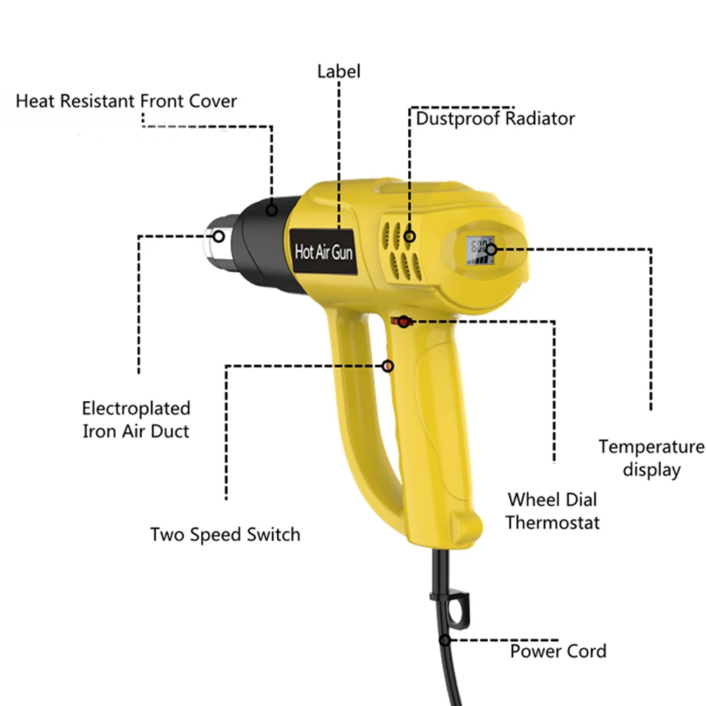 2000W Heat Gun with Temperature Settings 100- 600  Digital  (option) Hot Air Gun for Shrinking PVC Stripping Paint Crafts gravity feed spray gun