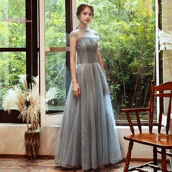 

SSYFashion New Banquet Elegant Silver Gray Evening Dress High-neck Floor-length Sequins Beading Formal Gowns Vestido De Noche