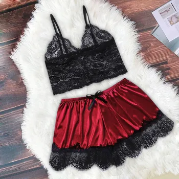 

Women Sexy Sleepwear Silk Lace Top Camisole Bow Shorts Pajamas Lingerie Nightwear Pijama Ladies Fashion Pyjama Female Set S-3xl