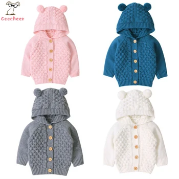 

Baby Autumn Winter Clothing Newborn Baby Boy Girl Children's Solid Hooded Sweater 3D Plaid Wool Ball Warm Knitted Coatt 0-24M