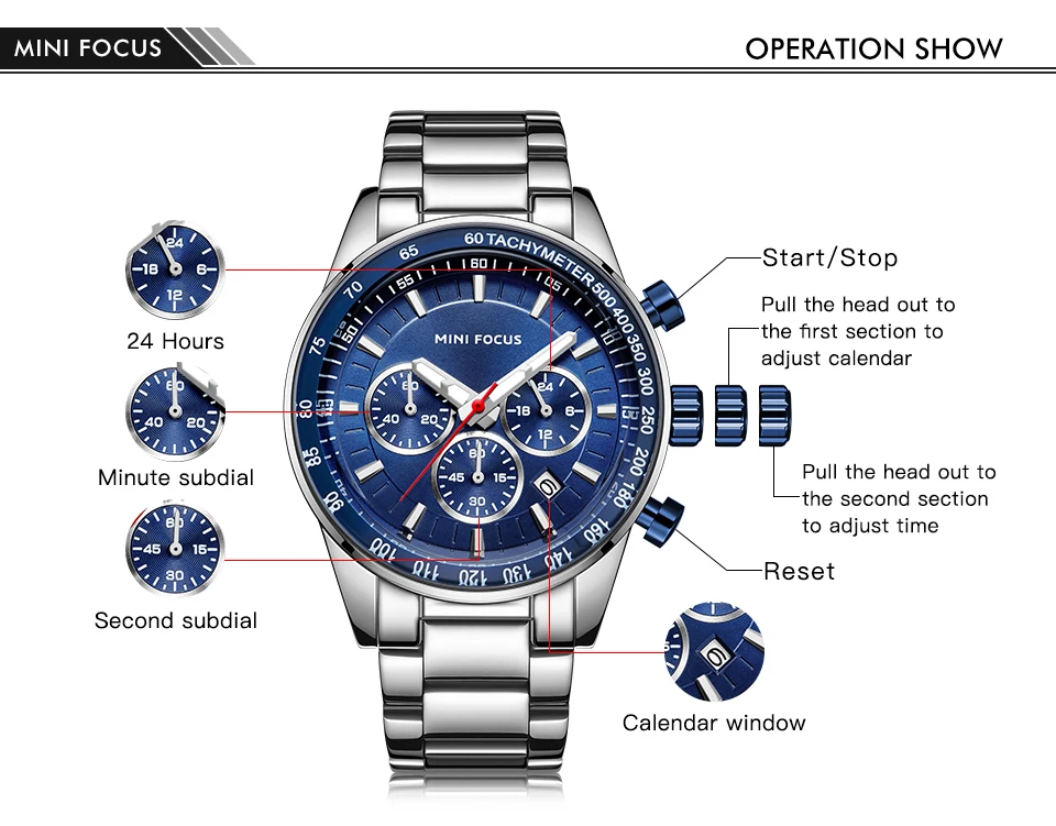 Мини фокус из нержавеющей стали деловые часы мужские роскошные хронограф кварцевые часы лучший бренд спортивные наручные часы Relogios 0187 синий