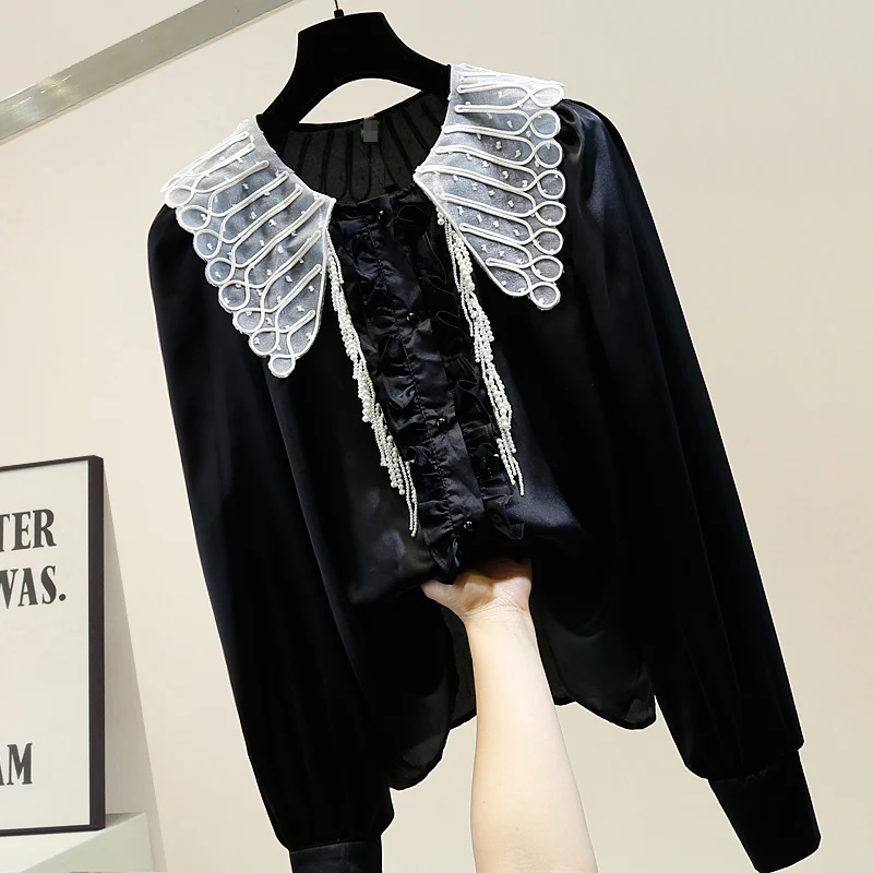 

Sweet Doll Collar Frilled Pearls Shirt Women's Single Breasted Fashion Long-Sleeve Blouse Woman Bluzki Damskie Ropa Mujer