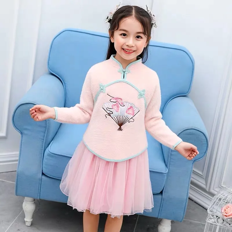 

Girls Chinese Clothing Dress Autumn And Winter Girls Nation Mink Cashmere Dress Sweater Girls Knitted Mesh Dress
