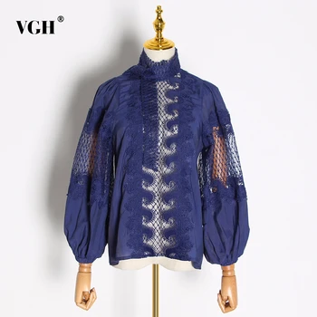 

VGH Patchwork Lace Elegant Blouse For Women Lantern Sleeve Turtleneck Perspective Shirts Blouses Female 2020 Fashion New Tide