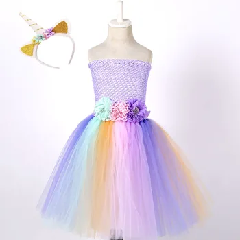 

Bustle Unicorn Tutu Dress Newborn Baby Girl First Birthday Rainbow Flowers Dress with Headband Easter Halloween Carnival Costume