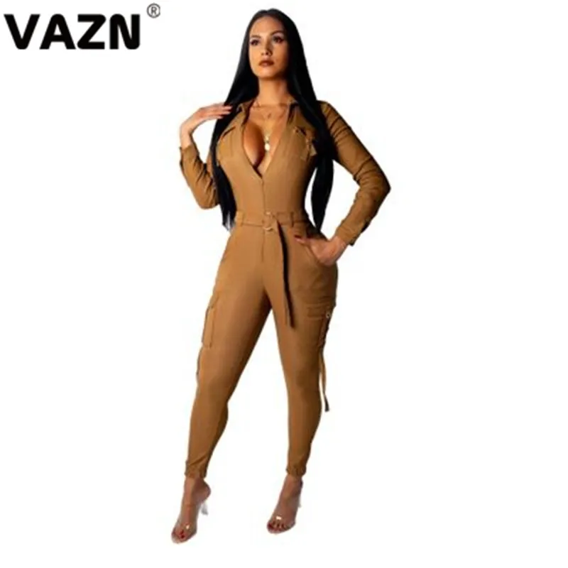 VAZN ALS059 модные однотонные длинные брюки-карандаши сексуальный женский комбинезон с v-образным вырезом с длинными рукавами для девочек спортивные костюмы длинный комбинезон