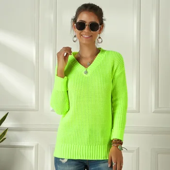 

Autumn and winter women's knitwear crochet knitwear V-neck Bright fluorescent color design fashionable and casual