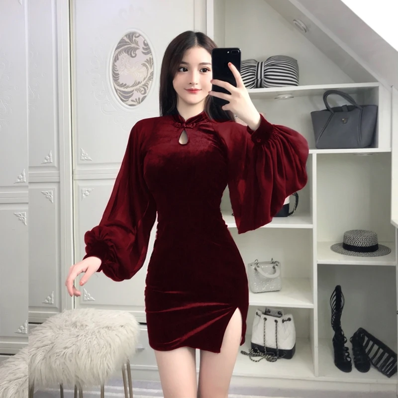 Модель для съемки! фонари шифоновые длинные рукава Улучшенная QiPaoShi Показать Тонкий вина с красное платье