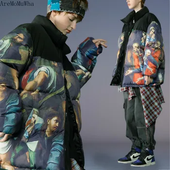 

AreMoMuWha Homemade Niche HD Digital Printing Renaissance Main Picture Thick Cotton Coat Male Tide Winter Coat Men Parkas QX1441