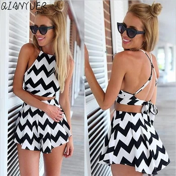 

New Two Piece Short Set For Women Fashion 2 Piece Set Women Wavy Stripes Sleeveless Casual Dress Clothing Suit Ensemble Femme