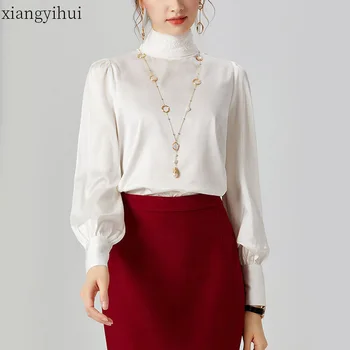

Fashion Women Back Single-breasted Lantern Sleeve Silk Blouse Casual White Black Shirt Stand Collar Satin Loose Blouses 2020
