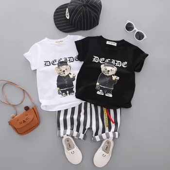 

Summer new baby boy clothes bear cute casual striped pants short sleeve shorts suit sports letters cartoon cotton two-piece suit