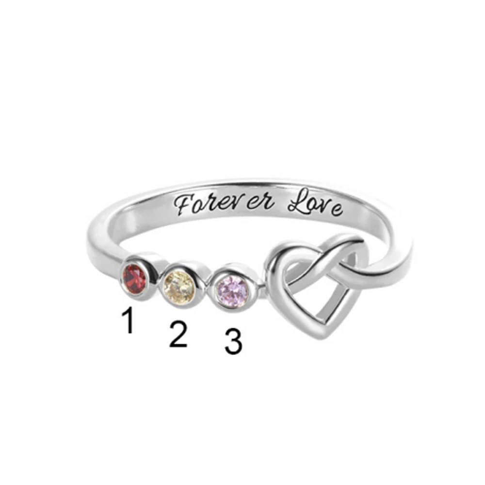 3 Stones Silver Sweey Прямая поставка персонализированное кольцо в форме сердца с камнем по месяцу рождения заказное кольцо с гравировкой Идеальный Рождественский подарок для нее - Цвет основного камня: 3 Stones Silver