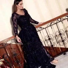 Мода два цвета V шеи с длинным рукавом блеск Bling прямые Длина пола платья для выпускного вечера