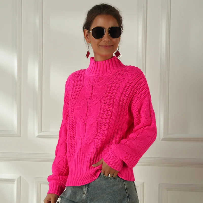 Пуловер, вязаный женский свитер с длинным рукавом, модная однотонная одежда на осень и зиму, Женский Топ, розовый свитер с высоким воротом для женщин