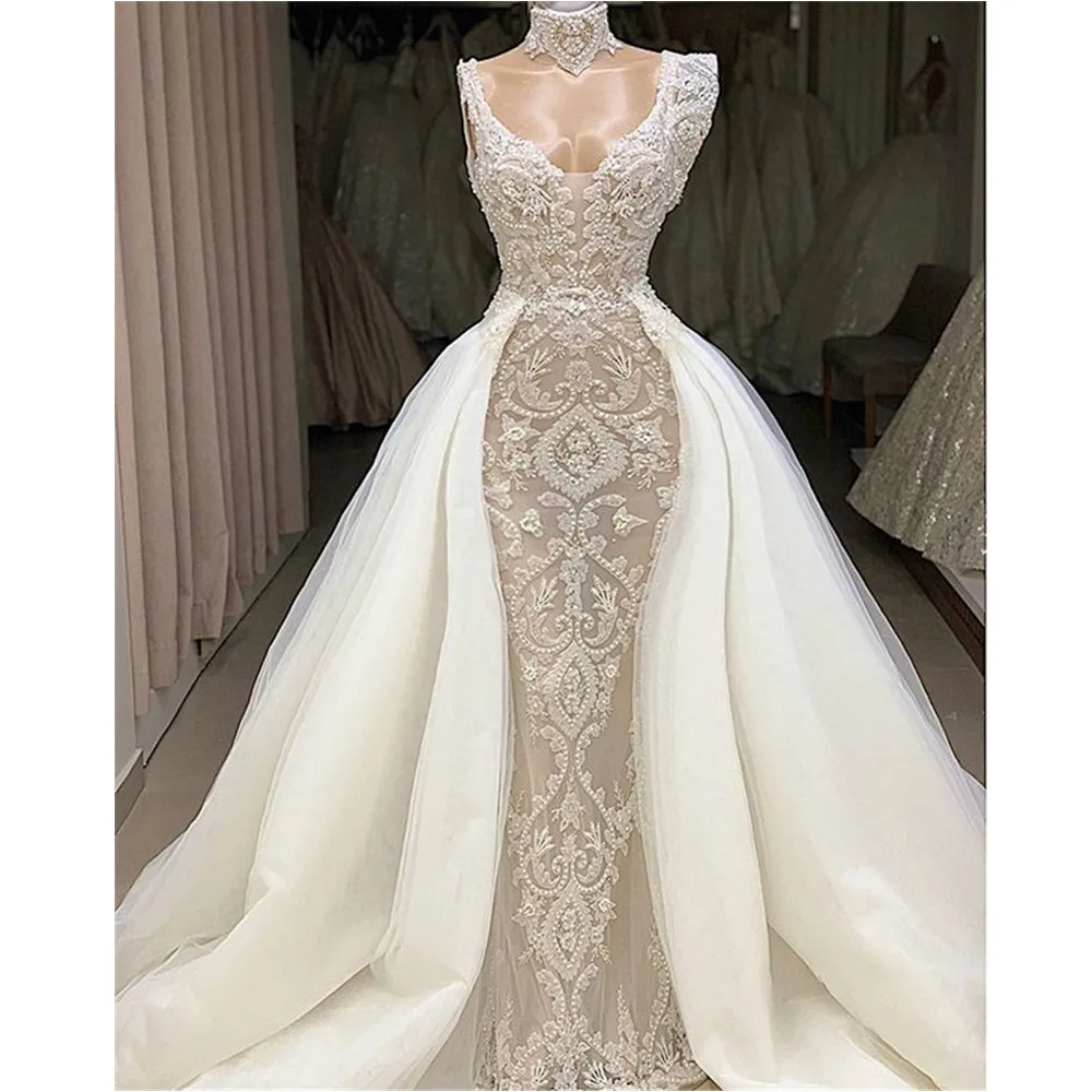 

Gorgeous Pearls Lace Mermaid Wedding Dress 2021 V Neck Short Sleeve Detachable Train Wedding Bridal Gowns Robe De Mariage