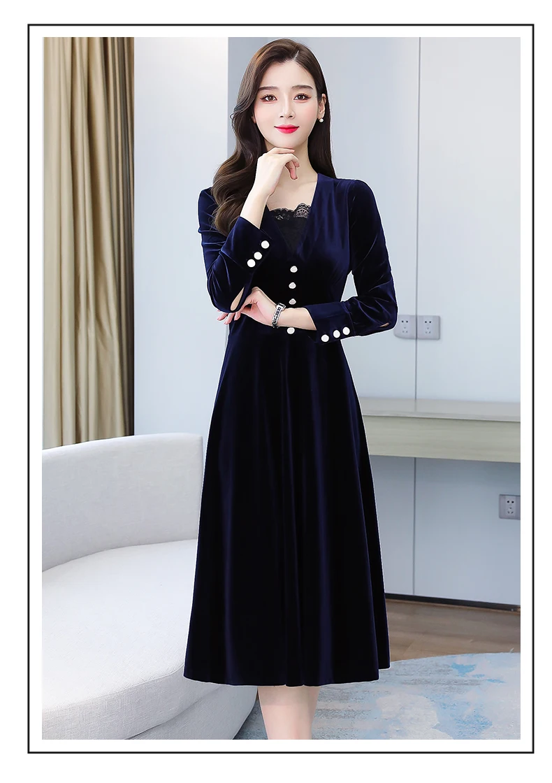 בתוספת גודל סתיו חורף בציר זהב קטיפה חם Vestidos 2021 נשים אופנה שמלות משרד ליידי המפלגה Bodycon מסלול Midi שמלה