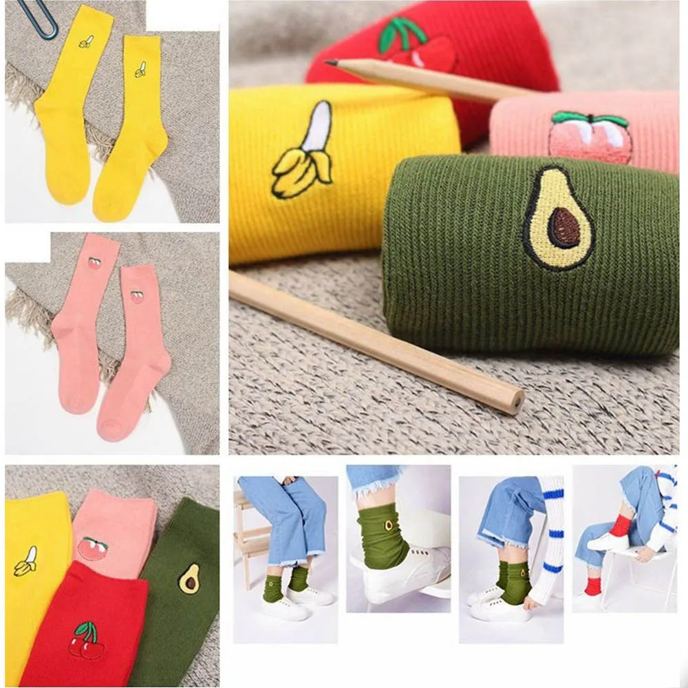 Забавные Хлопковые женские носки с фруктовым принтом, персиковые носки с вышивкой, Длинные цветные носки, забавные разноцветные чулки Harajuku@ B