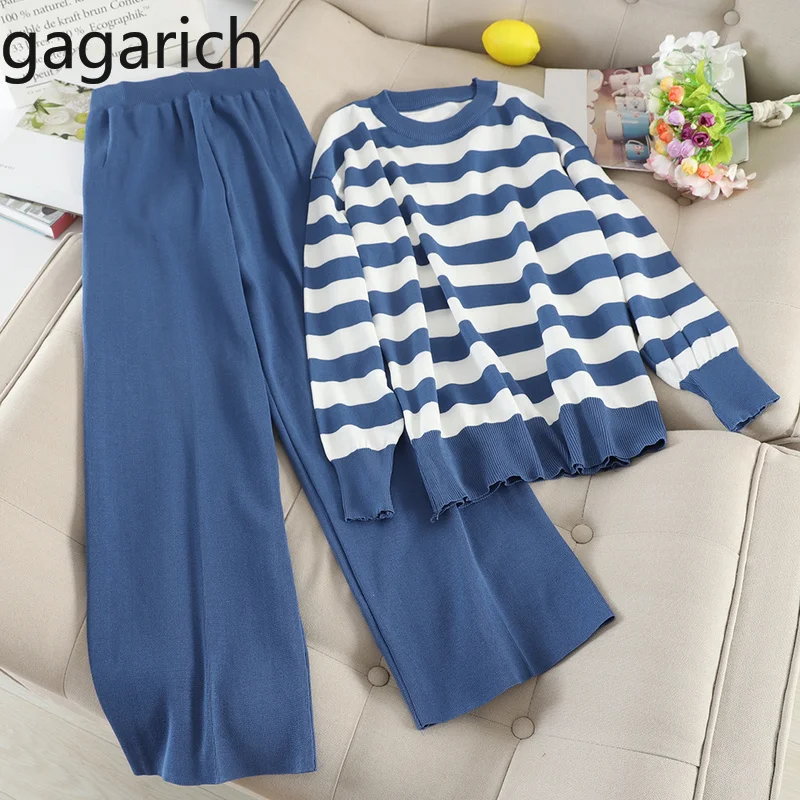 

Gagarich Women Two Piece Set Korean Style New Autumn Loose Knit Sweater High Waist Wide Leg Casual Pants Female Suit 2020