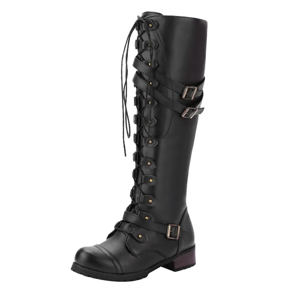 

SAGACE Ladies Knee High Boots Square Platform Boots Woman Punk Gothic Shoes Studs Lace Up Comfortable Large Size 35-43