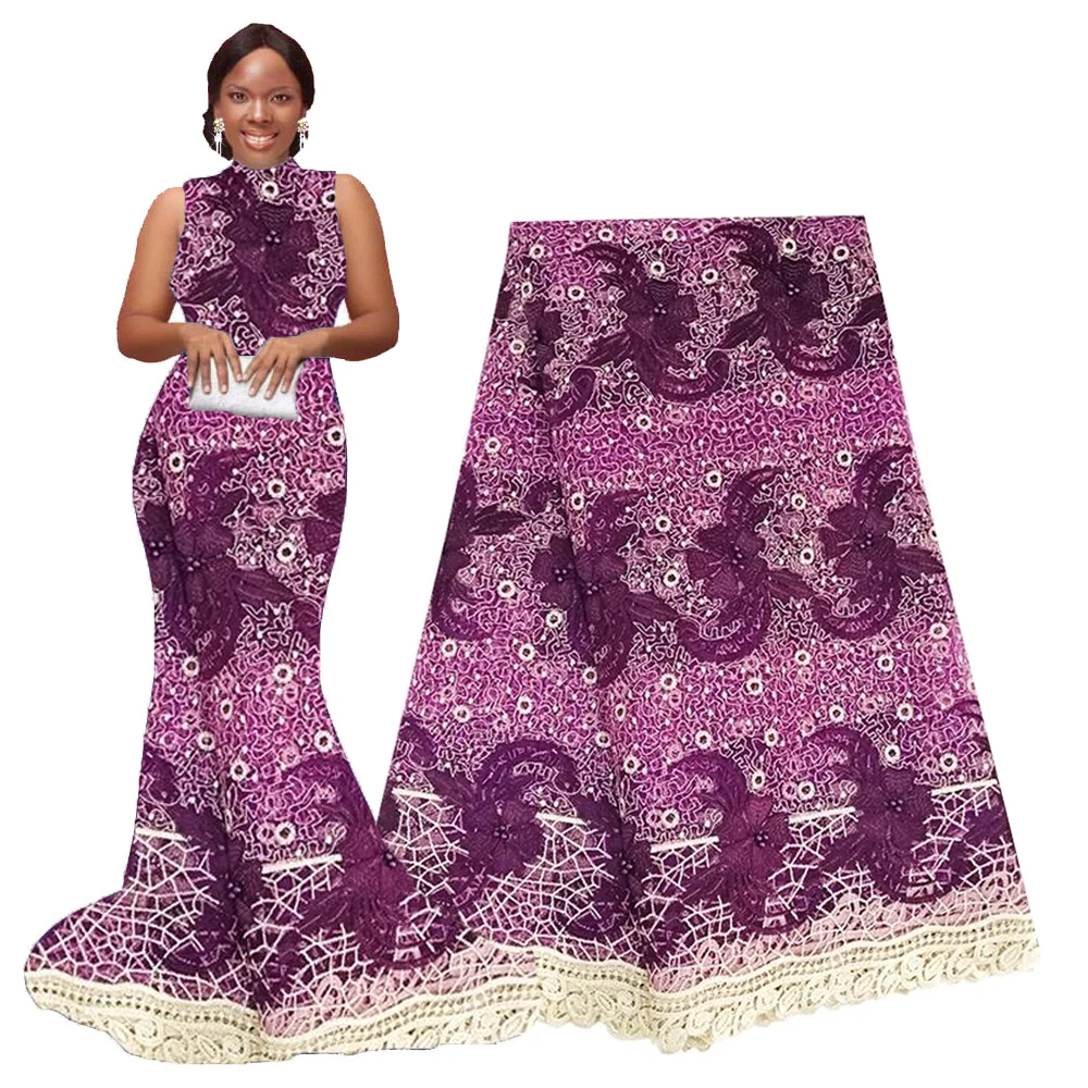 

Guipure cord lace fabric deep purple african french tulle net lace fabric with beads for wedding dresses