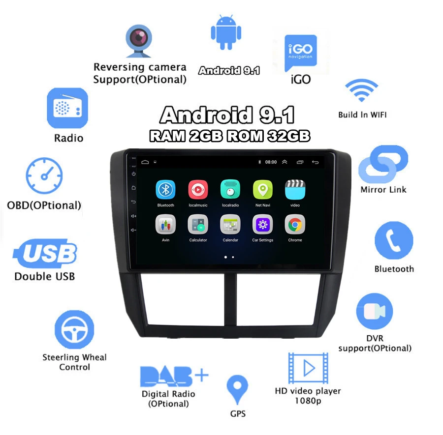 9'' Car Stereo Radio Quad-core RAM 2GB ROM 32GB Android 9.1 GPS WIFI 3G 4G BT DAB Mirror Link OBD For Subaru Forester 2008~2012