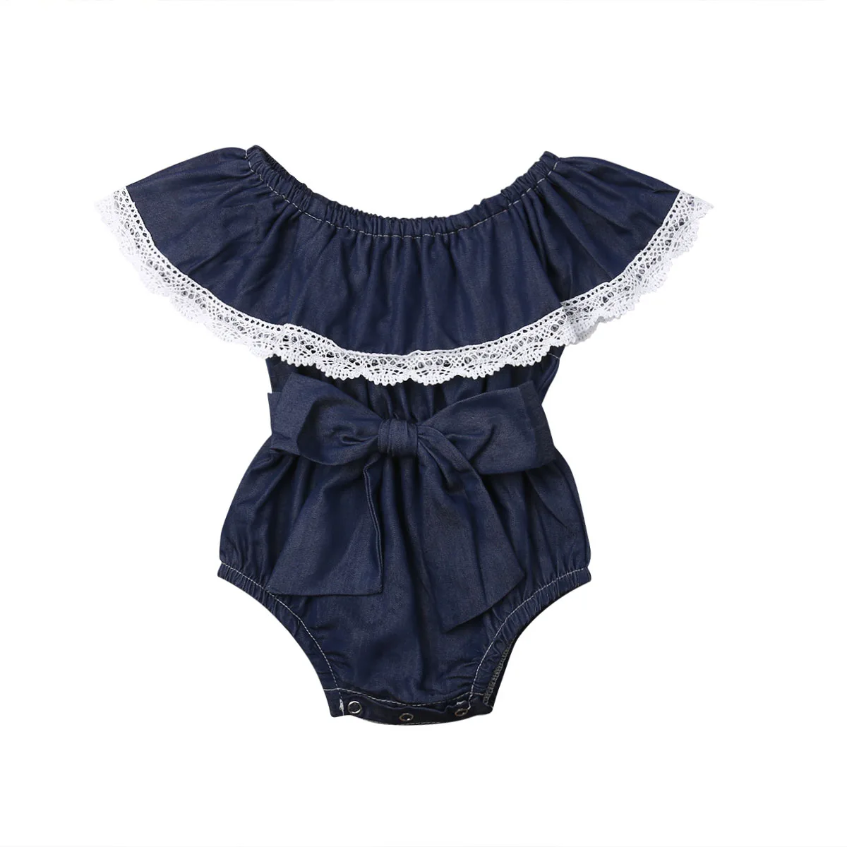 

Newborn Kid Baby Girls Cute Ruffle Lace Demin Bodysuit Jumpsuit Big Bowknot Outfit Clothes Summer