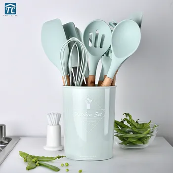 

Silicone Kitchenware Green Cooking Utensils Set Wooden Handle Non-stick Spatula Shovel Spoon Heat Resistant Storage Bucket