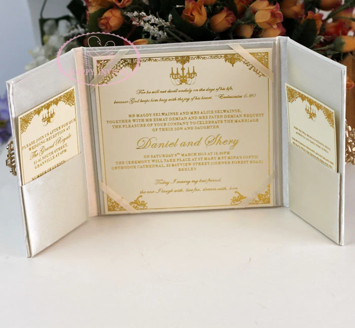 HI2003-04 Custom Beige Silk Folio Wedding Invitation with Gold Foiling Printing Factory Price More Colors Optional