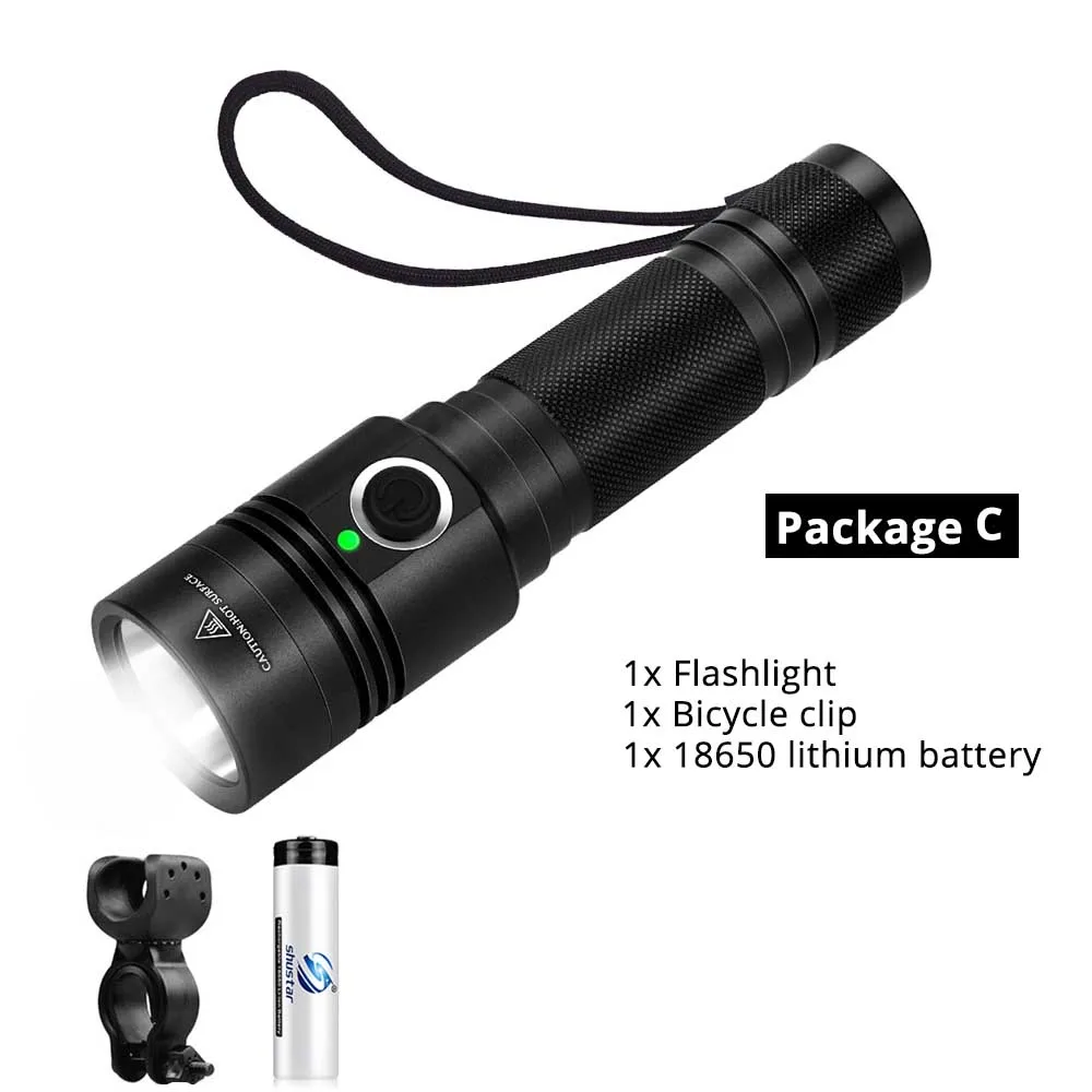 USB rechargeable LED Bicycle light 4 lighting mode super bright flashlight use 18650 battery for night riding, camping, etc - Цвет: Package C
