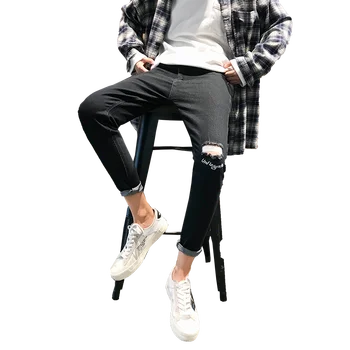 

New Mens Jean Pencil Pants Fashion Ripped Men Denim Pants Casual Slim Fit Straight Feet Skinny Zipper Jeans Male Trousers