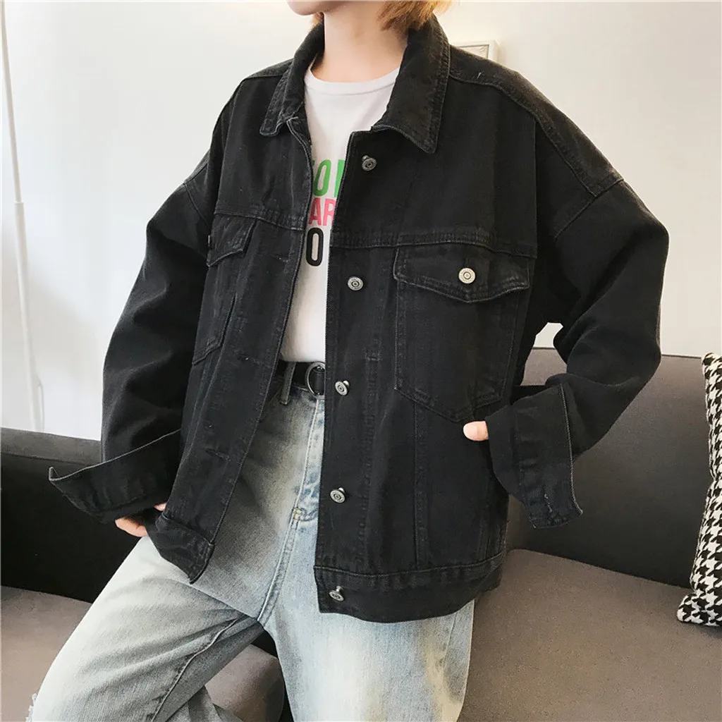 

Women Loose Denim Jacket Basic Retro Long Sleeve Coat Outwear Loose Cowboy Denim Coat Autumn Button Pocket Casual Jacket @35