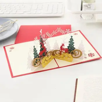 

Christmas 3d Greeting Card Xmas Tree Handmade Paper Blessing Sculpture Card Elk Table Holiday Party Navidad Home Decoration V1K2