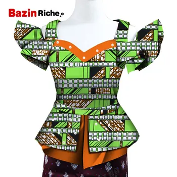 

2020 Fashion Shirt African Print Top for Women Bazin Riche Pearls Double Ruffles Top 100% Cotton Dashiki African Clothing WY5096