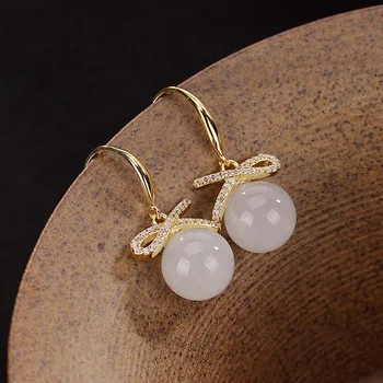 

S925 pure silver hetian jade round bead gold-plated pendant ear hook earrings earrings female fashion and personality
