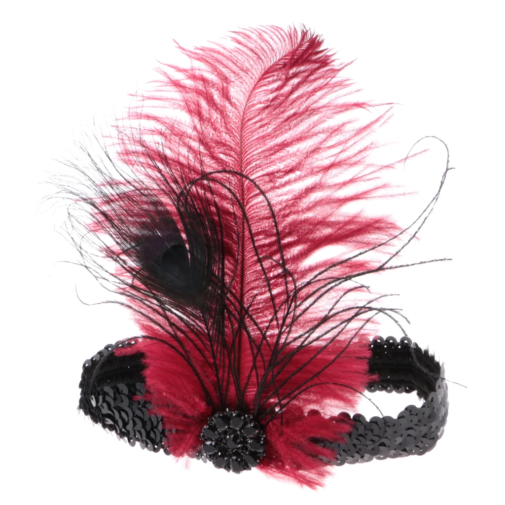 Wine Feather Flapper Headband 1920s Stretchy Headdress Charleston Headpiece