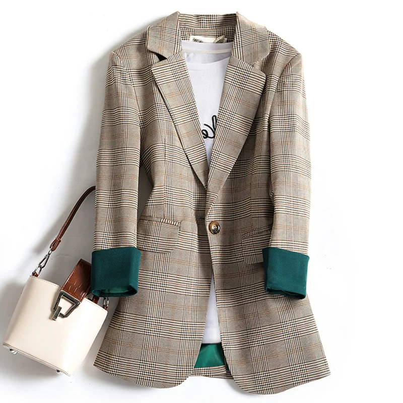 Korean Gray Plaid Ladies Blazer Vintage Loose Casual Stylish Suit Jacket Abrigos Office Spring Women Blazer Plus Size MM60NXZ