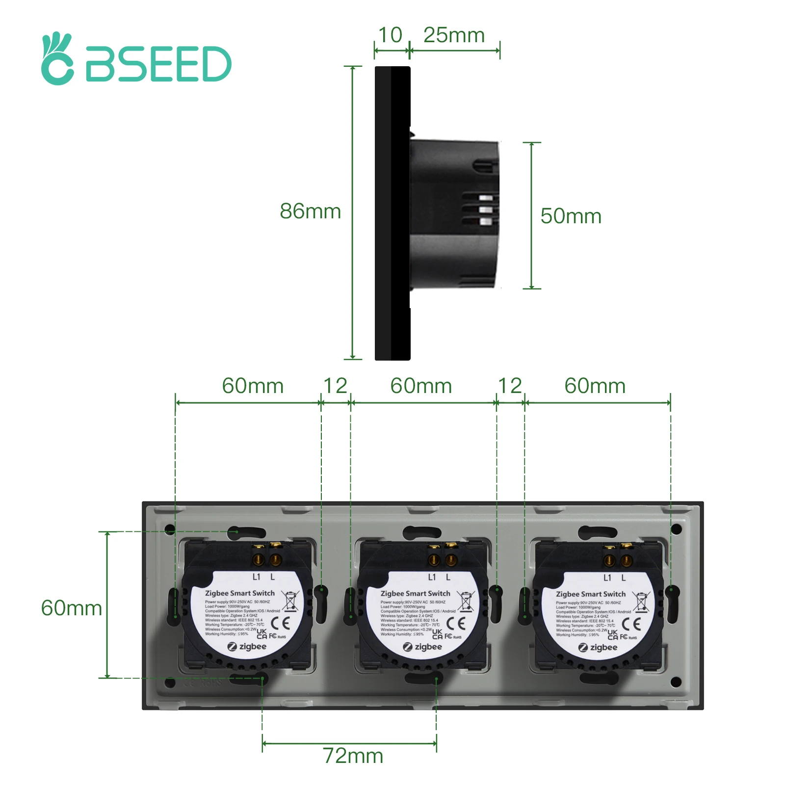 Bseed-ο Zigbee Ʈ EU ̱ ̺ 1/2/3 Gang 228mm ġ Ʈ ġ,  г Ʈ ġ Alexa Ʈ  ȣȯ