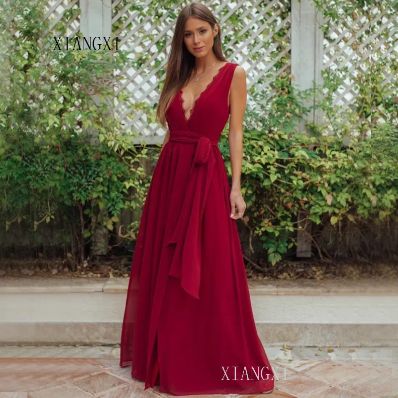 Vestidos небесно-голубое вечернее платье шифоновое ТРАПЕЦИЕВИДНОЕ с v-образным вырезом без рукавов Элегантное длинное вечернее платье abendkleider