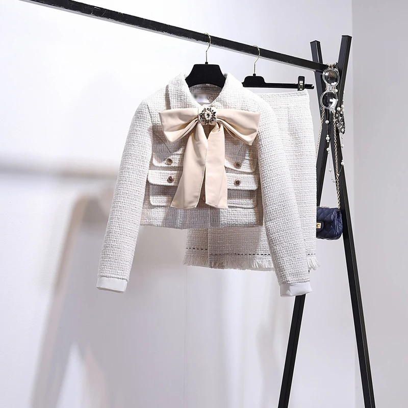 

2019 New Spring Autumn Ladies Small Fragrant Big Bow Wool Jacket Coat + Woolen Tassel Skirt Two Piece Women Elegant Skirt Suit
