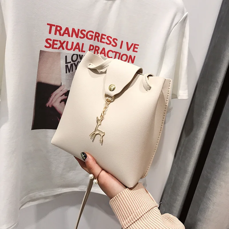 

New Style Korean-style WOMEN'S Bag Deer Hanging Decoration Women's Single-shoulder Crossbody Bag Bucket Bag Solid Color Bag