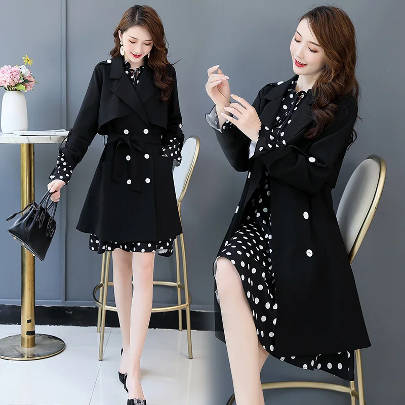 

Fashion Double Breasted Waist Hugging Versatile Dotted Korean-style Autumn Two-Piece Set 2019