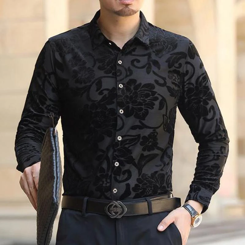 High Quality Black Velvet Dress Shirts For Mens Stretch Clothes Red Velour Mens Clothing Large