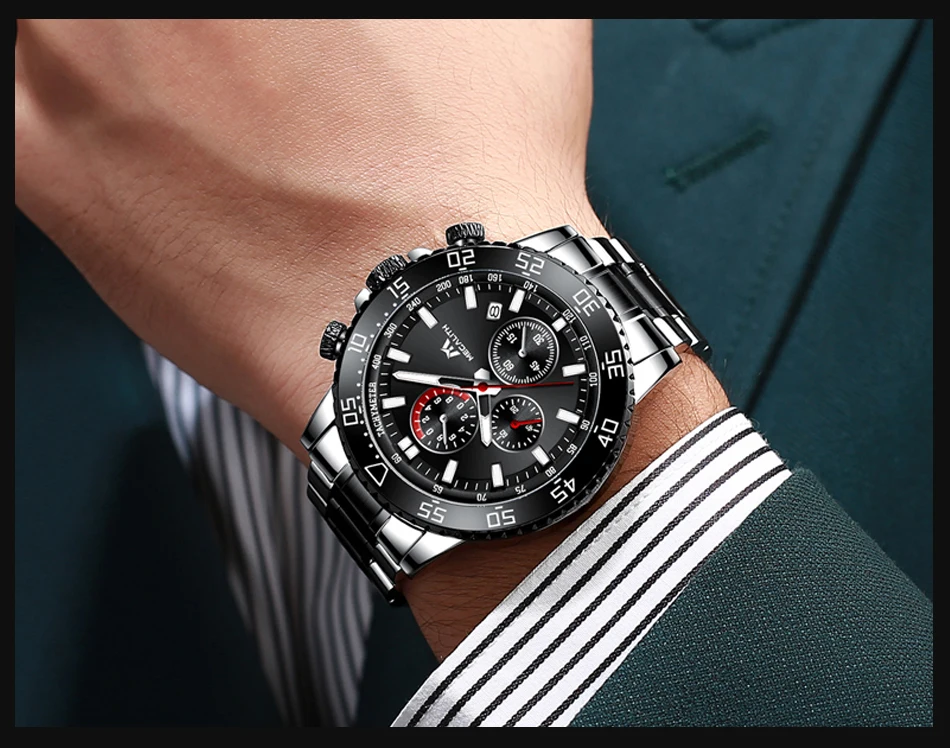 MEGALITH, военные часы для мужчин, ремешок из нержавеющей стали, водонепроницаемые кварцевые наручные часы, хронограф, мужские модные спортивные часы 8087