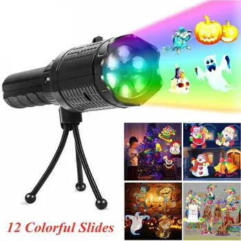 

12 Patterns USB Rechargeable Christmas Halloween Window Projector flashlight 2 in 1 Flood Light Projection Lamp