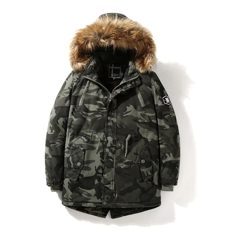 Army green Мужская Камуфляжная парка, длинное стильное зимнее пальто с капюшоном, бархатное теплое пальто с хлопковой подкладкой, мужская приталенная ветровка с завязками, парки - Цвет: Army green