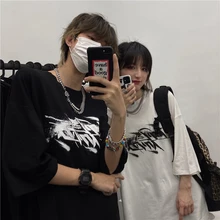 

Black Couples Punk Style Letter Printing Female Summer Uniform Unisex Gothic Oversized Loose Round Neck Female Short T-Shirt