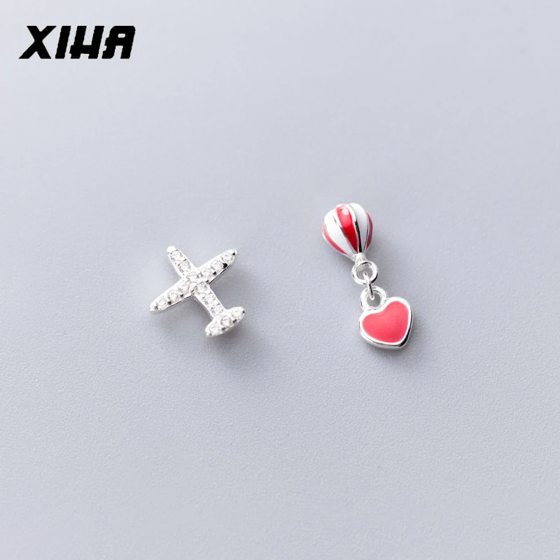 XIHA Настоящее чистое серебро 925 пробы Серьги гвоздики для женщин горячий воздух баллон сердце самолет асимметричные серьги дети циркония ювелирные изделия